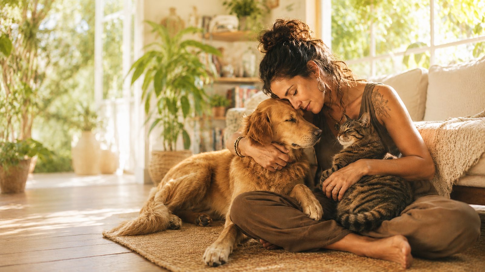 Mulher abraçando seu cão e seu gato no colo, em casa, num momento de afeto da família multiespécie
